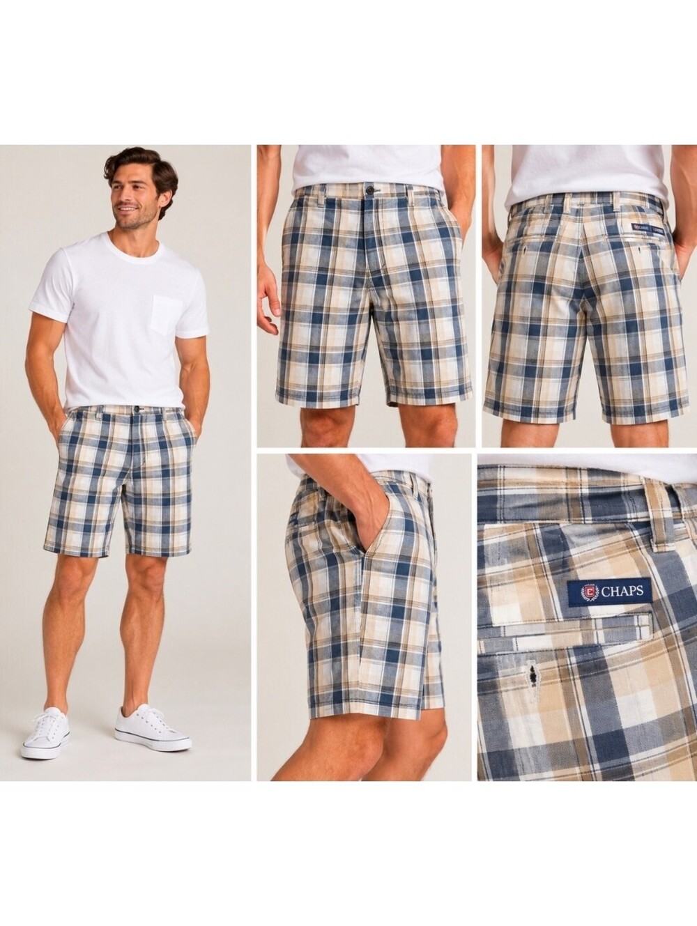Chaps Men’s Size 30 Plaid Shorts Navy Tan White 100% Cotton Preppy Casual